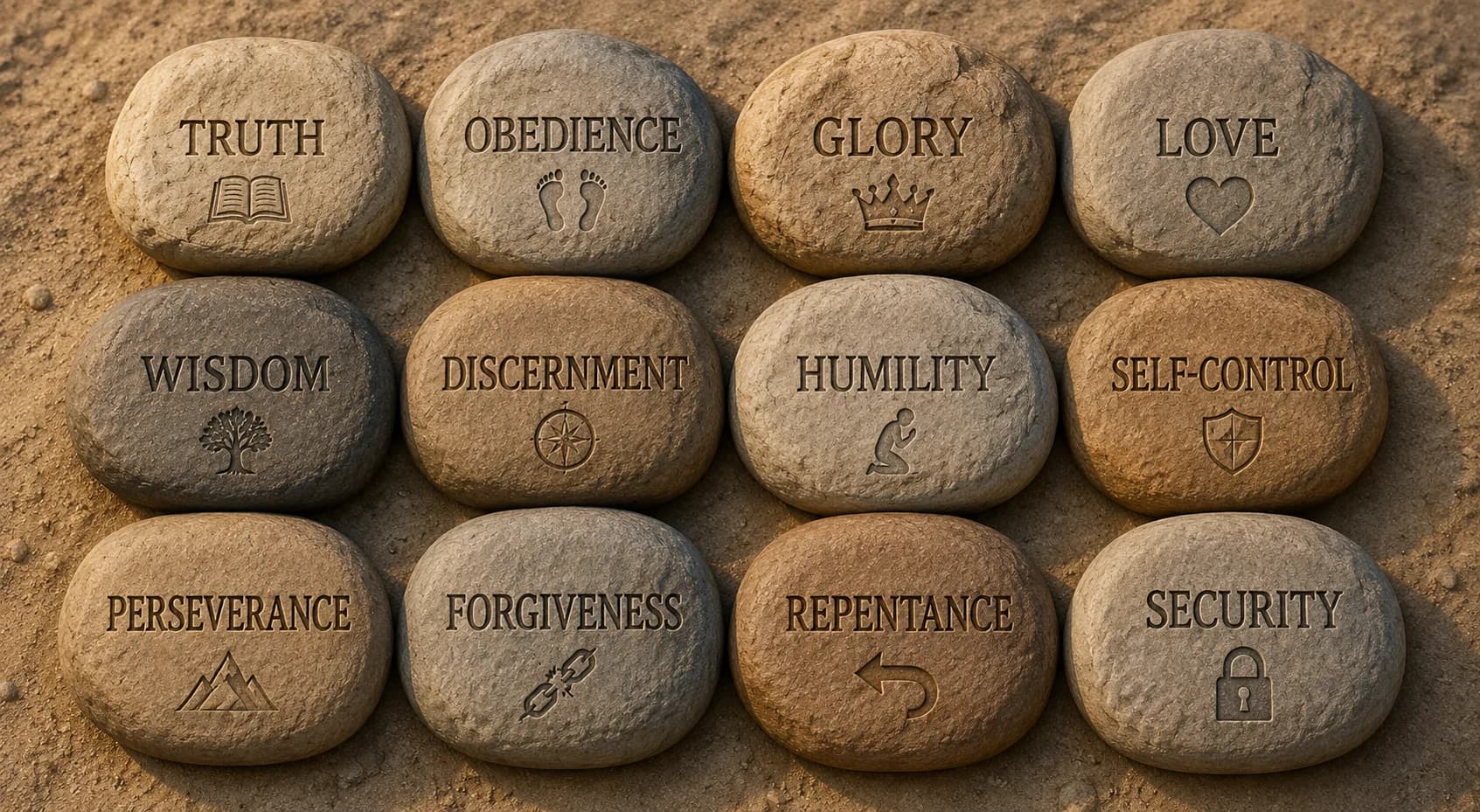 Twelve stones engraved with Truth, Obedience, Glory, Love, Wisdom, Discernment, Humility, Self-Control, Perseverance, Forgiveness, Repentance, and Security